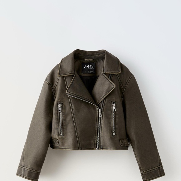 Zara Other - Zara Kids Olive Green Cropped Biker Jacket Size 10-12 Faux Leather Moto Jacket